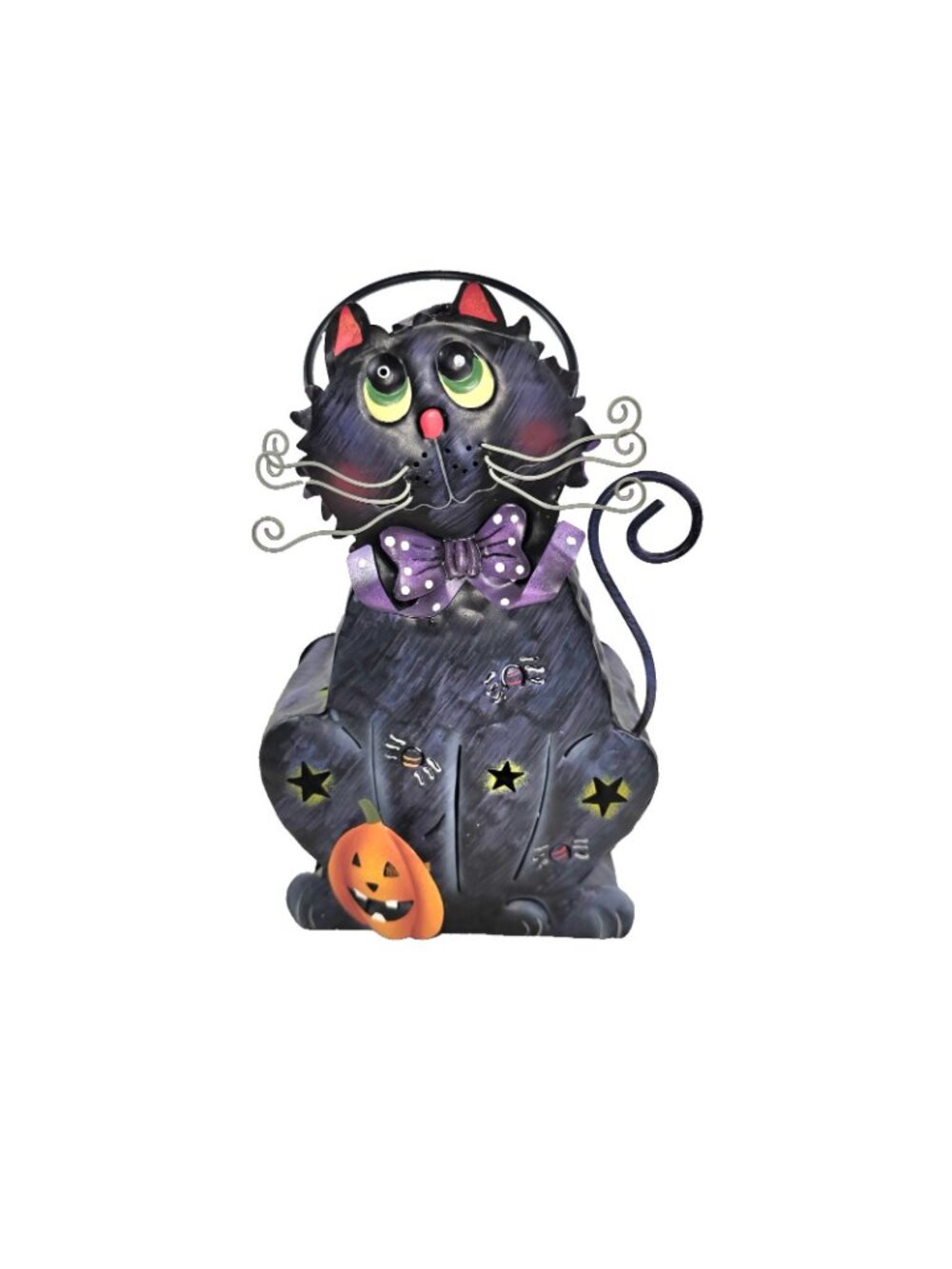 Spooky Black Cat Luminary Halloween Metal Votive Holder Folk Art Whimsical